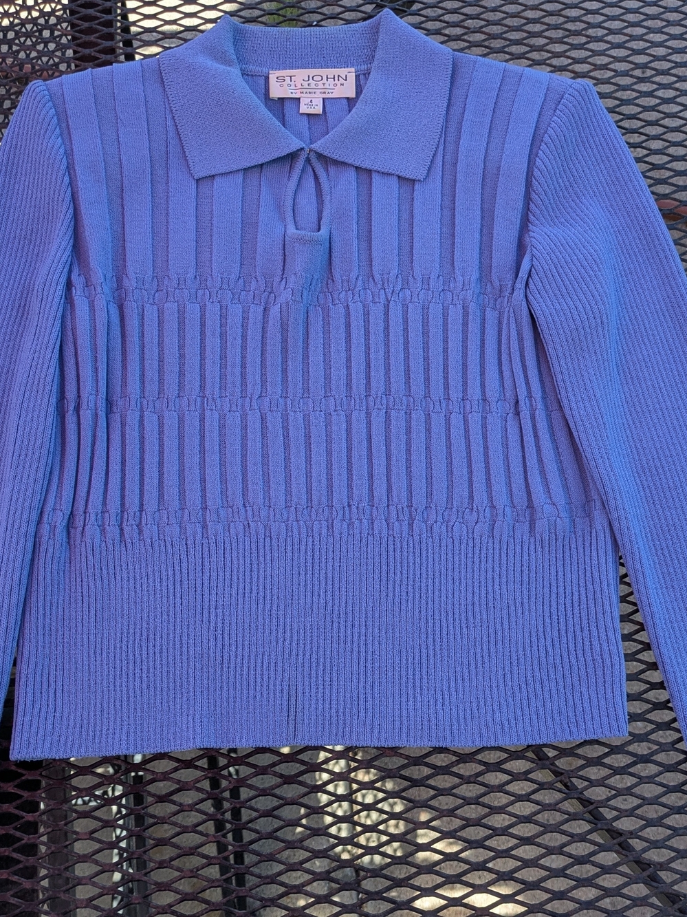 St. John Blue Ribbed Polo Sweater